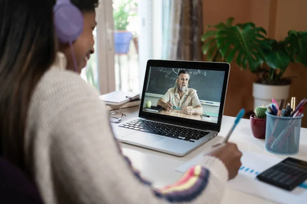 Online Education Student Uses Laptop Video Call Teacher Learn Home — kuvapankkivalokuva