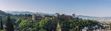 Panorama of la Alhambra, the muslim fortress and palace of Granada, and the snowed mountains of Sierra Nevada