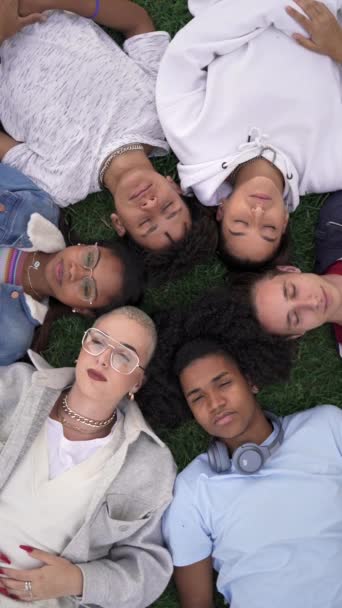 Amigos adolescentes multirraciais deitados juntos na grama verde com os olhos fechados, acordam e sorriem olhando para a câmera. Vídeo Vertical — Vídeo de Stock