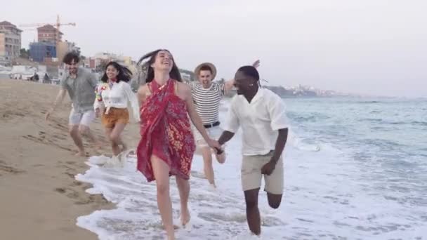 Teman Teman Muda Berjalan Bersama Sama Sepanjang Pantai Musim Panas — Stok Video