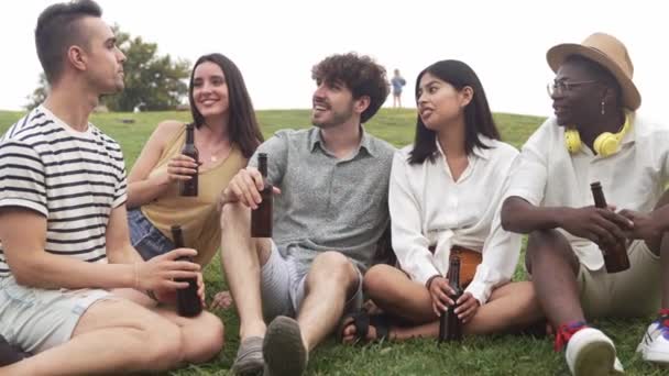 Ομάδα Νεαρών Φίλων Που Κάθονται Στο Γρασίδι Πίνοντας Μπύρες Καλοκαίρι — Αρχείο Βίντεο