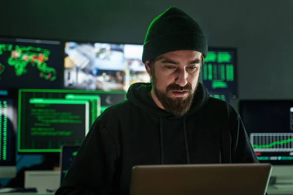 Male Hacker Beard Working Computer Monitors Data Screens Black – stockfoto