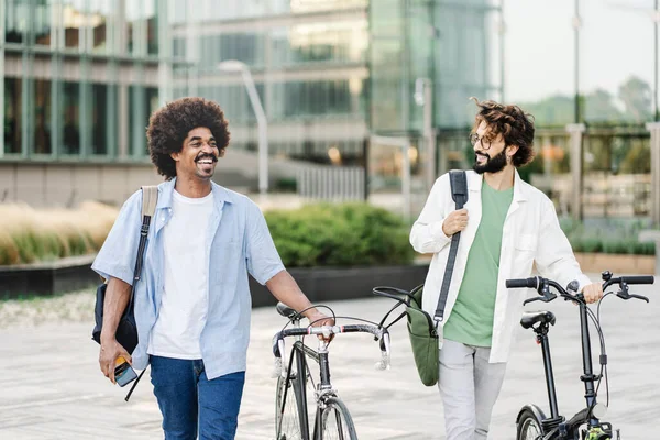 Two Young Male Friends Bicycle Modern Coworkers Walking Office — Stockfoto