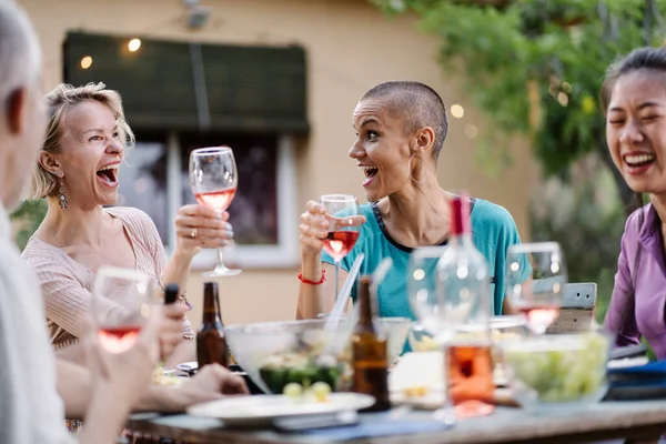 Kvinnelige Venner Som Har Det Gøy Sammen Til Middag Drikker – stockfoto