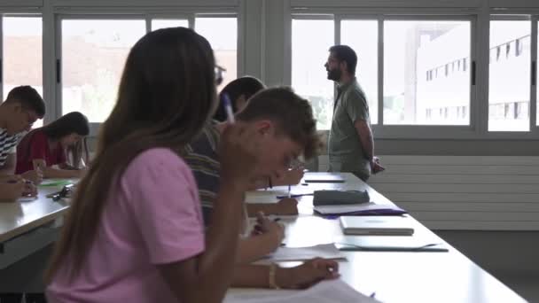 Genç Öğretmen Satır Aralarında Yürüyüp Dersi Anlatıyor Lise Kolejinde Öğrenen — Stok video
