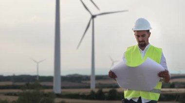 İnşaat mühendisi planlı bir rüzgar türbini parkını inceliyor ve çalışıyor. Mühendislik ve yeşil enerji 