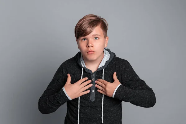 Confused Puzzled Teen Boy Pointing Himself Hands Asking Question Who — Stock Photo, Image