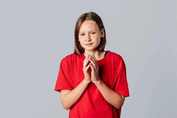 Morena Adolescente Menina Implorando Pedindo Ajuda Implorando Lhe Pedindo Por — Fotografia de Stock