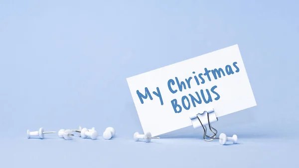 Christmas Bonus Concept Text Business Card Business Card Blue Background — Stock Photo, Image