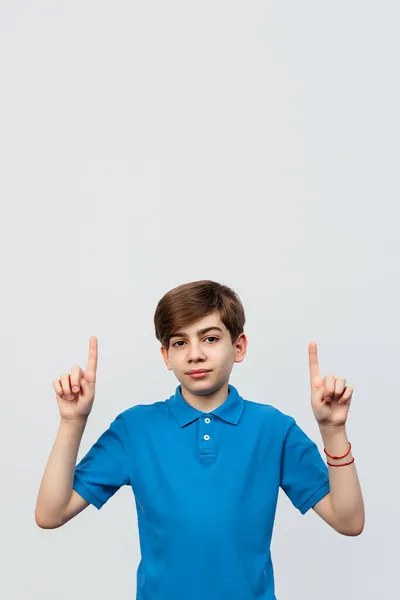 Portrait Charming Boy Years Old Looking Camera Raising Hands Pointing — Stock Photo, Image