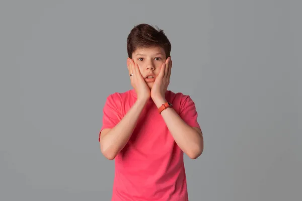 Emotional Portrait Teen Boy Having Surprise Shock Face Expression Wearing — Stock Photo, Image