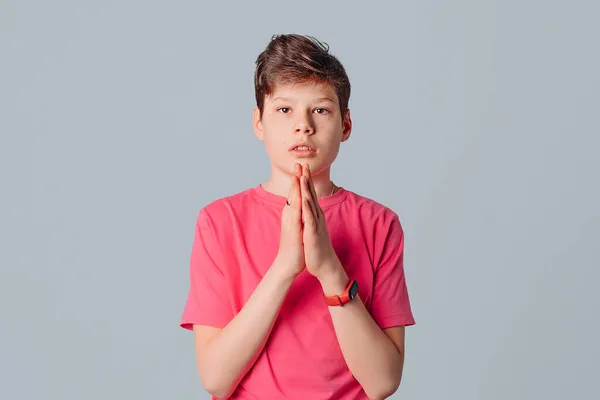 Photo Handsome Teenager Boy Hands Together Ask Beg Pray Wish — Stock Photo, Image