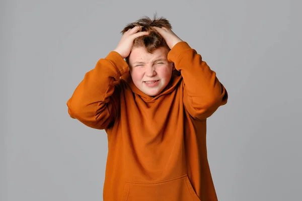 Portrait Panicking Anxious Size Teenager Boy Hold Hands Head Dont — Stock Photo, Image