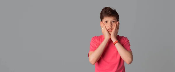 Emotional Portrait Teen Boy Having Surprise Shock Face Expression Wearing — Stock Photo, Image