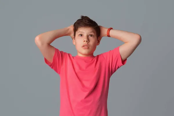 Portrait Anxious Embarrassed Teenager Boy Dont Know What Grab Head — Stock Photo, Image