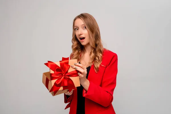 Attractive Young Woman Holding Gift Box Decorated Red Bow Female — Stock Photo, Image