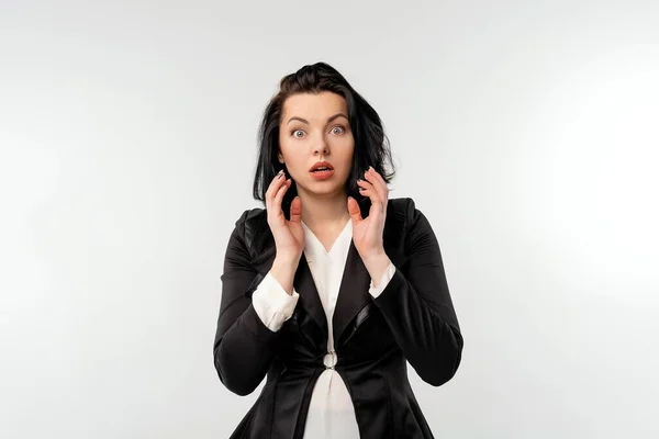 Worried Businesswoman Black Formal Jacket White Shirt White Background Shocked — Stock Photo, Image