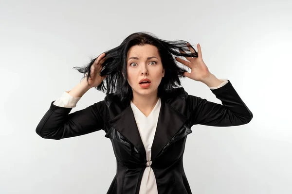 Surprised Businesswoman Black Formal Jacket White Shirt White Background Mouth — Stock Photo, Image