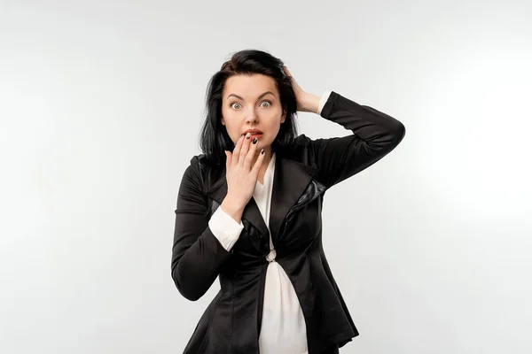 Oops Sorry Coy Cute Young Businesswoman Black Formal Jacket White — Stock Photo, Image