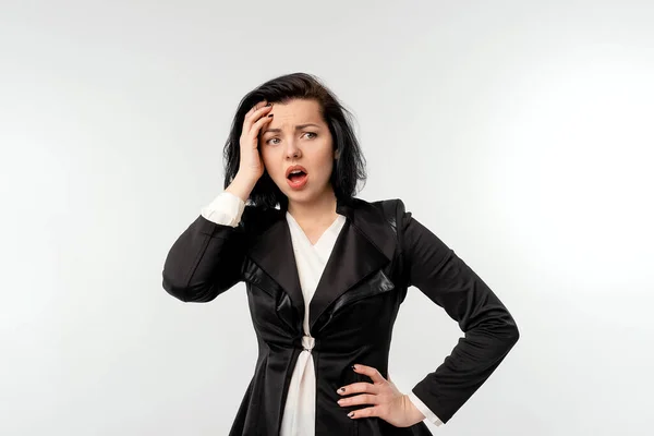 Businesswoman Black Formal Jacket White Shirt Looking Dejected Standing White — Stock Photo, Image