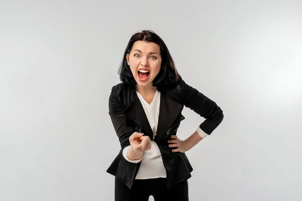 Businesswoman Black Formal Jacket White Shirt Pointing Camera Angry Aggressive — Stock Photo, Image