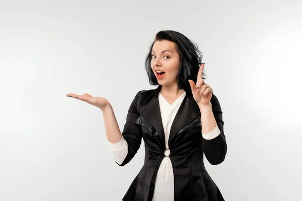 Beautiful Businesswoman Looking Surprise Presenting Your Product Pointing Finger Standing — Stock Photo, Image