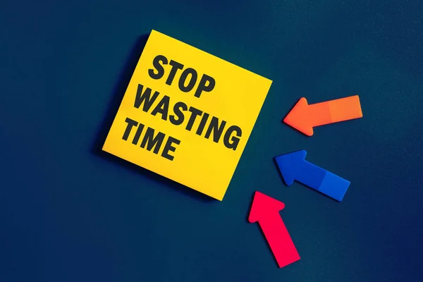 Stop Wasting Time Text Sticky Note Paper Blue Background Closeup — стоковое фото