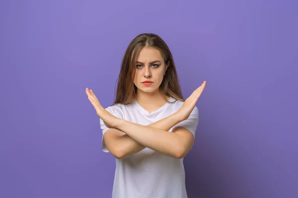 Serious Girl Showing Stop Cross Gesture Disapprove Something Prohibit Action — Foto Stock