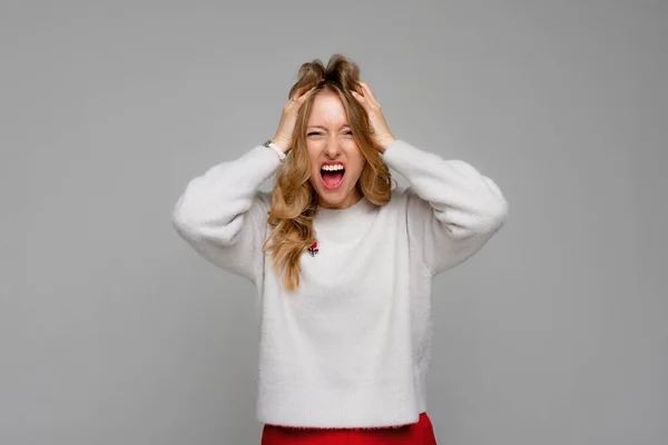 Stress Woman Stressed Going Crazy Pulling Her Hair Frustration Shouting — Stockfoto