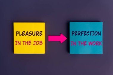 Pleasure in the job. perfection in the work, interpretation of famous Aristotle quote - Pleasure in the job puts perfection in the work - motivational advice or reminder on colorful sticky notes
