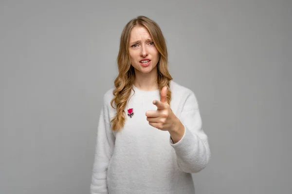 Concerned Strict Young Blonde Woman Pointing Index Finger Camera Choosing — Stock Photo, Image
