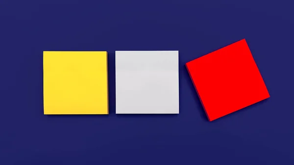 Drie Blanco Multi Gekleurde Vierkante Stickers Donkerblauwe Achtergrond Bovenaanzicht Lege — Stockfoto