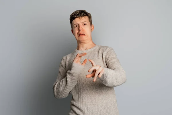 Scared Teen Boy Looks Terror Camera Stop Gesture Hands Shouting — Stock Photo, Image