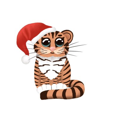 Çin Yeni Yılı 'nın sembolü olarak büyük gözlü şirin kaplan. Bebek için kırmızı Noel Baba şapkalı çizgi film karakteri. Beyazın üzerinde izole edilmiş vahşi kedi tasviri. Kaplan Yılı