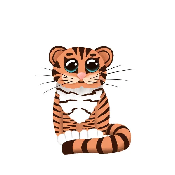 Söt tiger med stora ögon som symbol för det kinesiska nyåret. Bedårande teckning av tecknad randig karaktär för baby. Illustration av sittande vildkatt isolerad på vitt. Tigerns år — Stockfoto