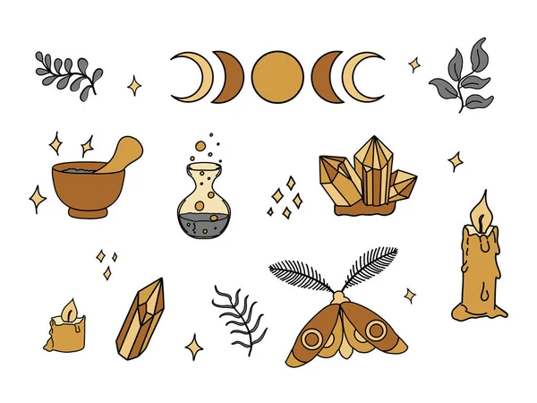 Magic objects for witch that used in alchemical medicine. Set of vector illustrations isolated on white. Witchcraft esoteric symbols, magician boho collection, mystery celestial clip art in doodle — Stock Vector