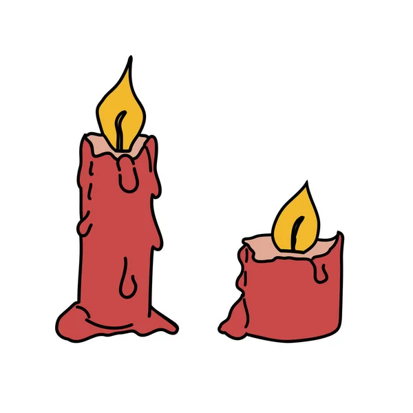 Ilustración vectorial de dos velas encendidas con fuego y cera corriendo hacia abajo. Decoraciones navideñas ardientes en varias dimensiones, altas y cortas. Esquema negro garabato, símbolo de color y brillante de la Navidad — Vector de stock