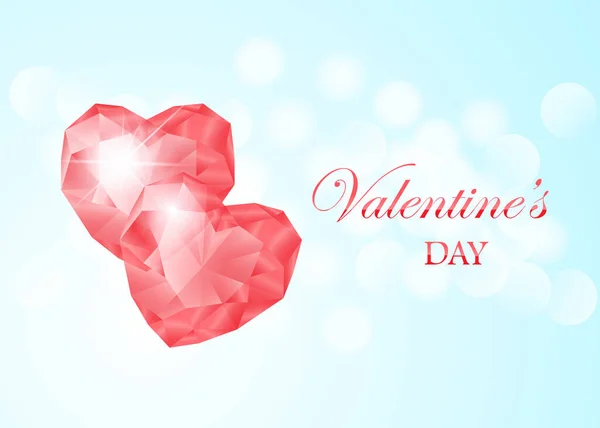 Gelukkige Valentijnsdag vector wenskaart. Roze edelsteen hart op blauwe bokeh achtergrond. Vakantie poster met diamanten, juwelen. Concept voor Valentines banner, flyer, feestuitnodiging, sieradenwinkel. — Stockvector