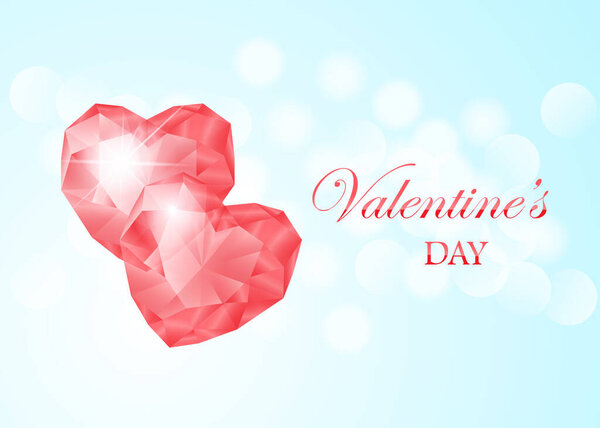 Happy Valentines day vector greeting card. Pink gem heart on blue bokeh background. Holiday poster with diamonds, jewels. Concept for Valentines banner, flyer, party invitation, jewelry gift shop.
