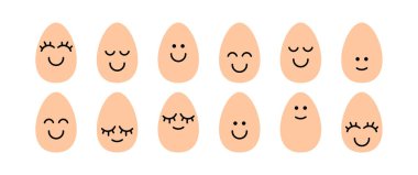 Mutlu Paskalya yumurtaları, gülümsemeli veya emojili. Parlak renkler. Güzel yüzlü şirin paskalya yumurtaları. Mutlu Paskalya kartı illüstrasyon vektörü