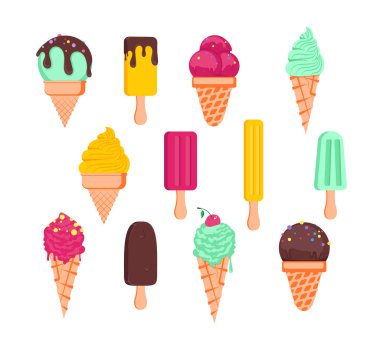 Lezzetli dondurmalar. Tatlı yaz dondurmaları, farklı lezzetlerde dondurmalar, izole edilmiş dondurma külahları ve farklı soslu buzlu dondurma. Web ve tasarım için vektör illüstrasyonu
