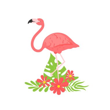 Pembe bir flamingonun vektör çizimi. Flamingo Afrika egzotik hayvanların tropikal güzelliği. Gösterişli tasarım basit. Çiçek bileşimiyle izole edilmiş pembe flamingo.