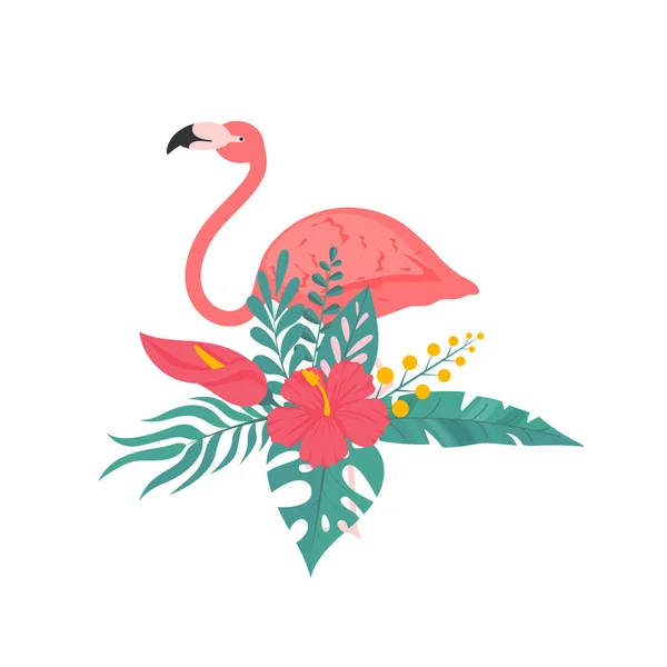 Ptak flamingowy z egzotycznymi liśćmi tropikalnymi i kwiatami. Letni wektor ilustracja w płaskim stylu. — Wektor stockowy