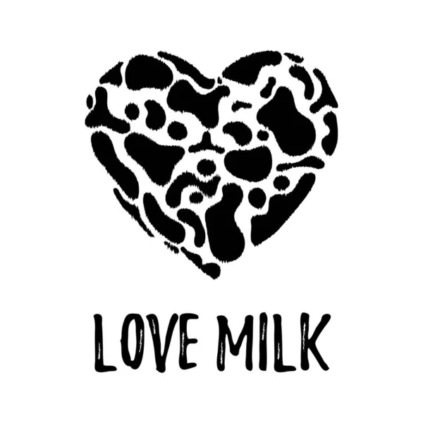 Ko hud i form av hjärta. Älskar mjölk eller mjölkdag. Mjölkprodukter skrivs ut. vektor illustration. — Stock vektor