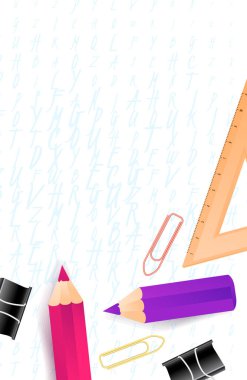 Not defteri çizgili kağıt not, cetvel, kırmızı kalem ve okul kopyalama yeri metin arkaplanı, vektör illüstrasyonunu sağlar