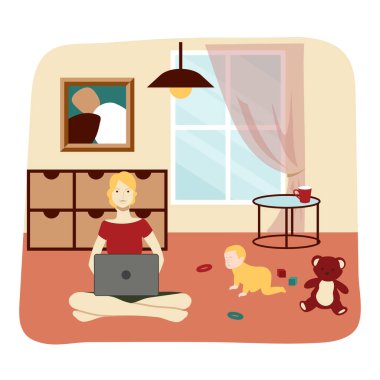 Cute happy mother holding her infant baby, sitting at desk and working on computer at home. Female freelance worker with child at workplace. Maternity and career. Flat cartoon vector illustration.