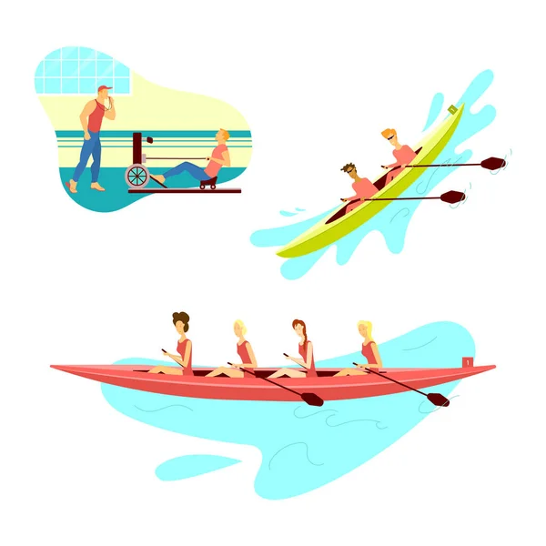 . Group of People River Rafting on Inflatable Boat, Kayaking, Canoeing and Paddling Illustration