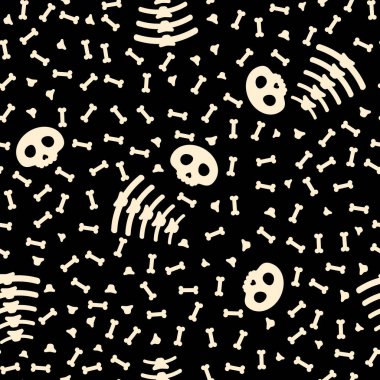 kafatasları ve kemikleri üzerinde koyu arka plan üzerinde dağınık konfeti halloween seamless modeli