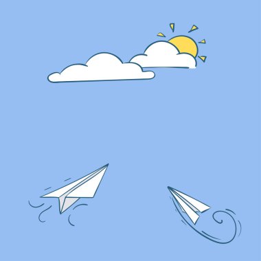 Beyaz arka planda izole edilmiş el yapımı karalama kâğıdı uçak seti. Seyahat ve rota simgesi.