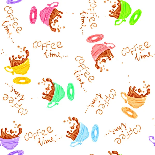 Vector Seamless Pattern Hand Drawn Yellow Coffee Cups Drawn Marker — 스톡 벡터